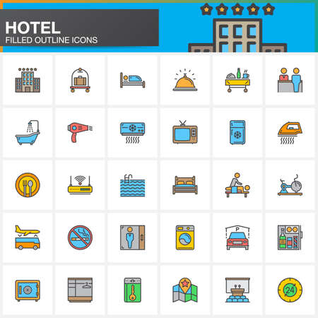 Hotel services and facilities line icons set, filled outline vector symbol collection, linear  colorful pictogram pack. Signs, logos. Set includes icons as hotel, bed, reception, safe, tv, pool, keyのイラスト素材