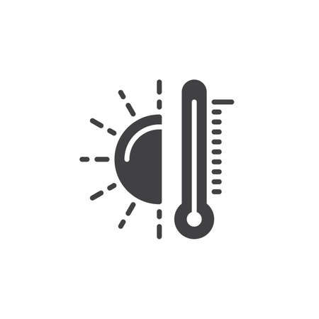 Thermometer and sun icon vector, filled flat sign, solid pictogram isolated on white. Hot temperature symbol, logo illustrationのイラスト素材