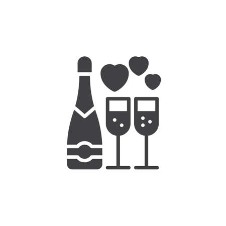 Wine, champagne bottle and wine glass with hearts icon vector, filled flat sign, solid pictogram isolated on white. Symbol, logo illustrationのイラスト素材