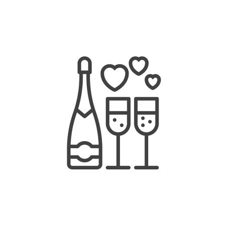 Wine, champagne bottle and wine glass with hearts line icon, outline vector sign, linear pictogram isolated on white. Symbol, logo illustrationのイラスト素材