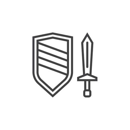 sword and shield line icon, outline vector sign, linear pictogram isolated on white. logo illustrationのイラスト素材