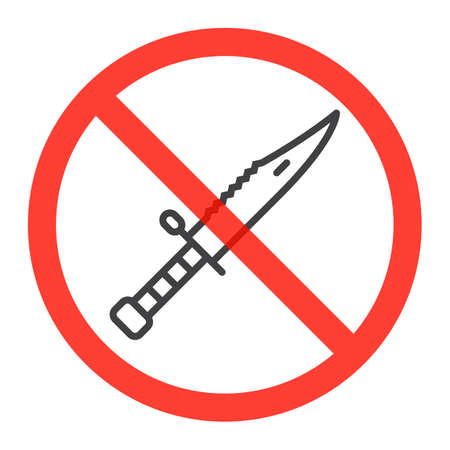 Knife line icon in prohibition red circle, No steel arms ban sign, forbidden symbol. Vector illustration isolated on whiteのイラスト素材