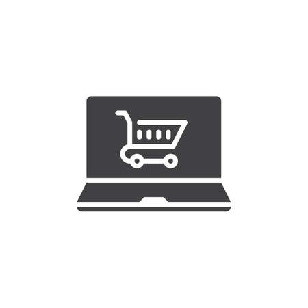 online shop, laptop and shopping cart icon vector, filled flat sign, solid pictogram isolated on white, logo illustrationのイラスト素材