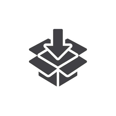 Box with down arrow icon vector, filled flat sign, solid pictogram isolated on white. Packaging, loading symbol, logo illustrationのイラスト素材
