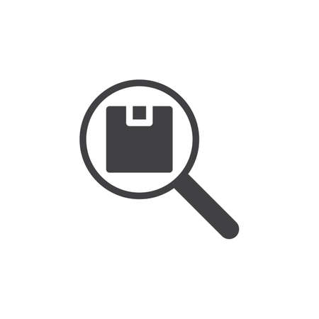 Magnifying glass and parcel icon vector, filled flat sign, solid pictogram isolated on white. Shipping tracking symbol, logo illustrationのイラスト素材