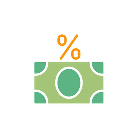 Money banknote with percent sign icon vector, filled flat sign, solid colorful pictogram isolated on white. Fees symbol, logo illustration. Pixel perfectのイラスト素材
