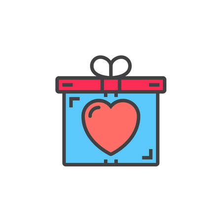 Present, gift box with heart line icon, filled outline vector sign, linear colorful pictogram isolated on white. Symbol, logo illustrationのイラスト素材