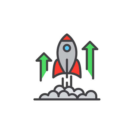 Rocket launch line icon, filled outline vector sign, linear colorful pictogram isolated on white. Business startup symbol, logo illustrationのイラスト素材