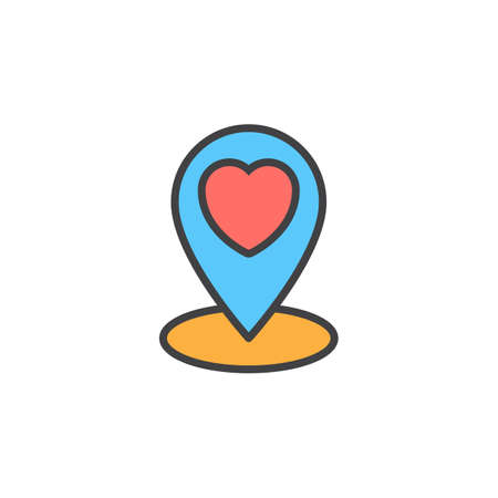 Favorite location marker. Map pin, pointer with heart line icon, filled outline vector sign, linear colorful pictogram isolated on white. Symbol, logo illustrationのイラスト素材