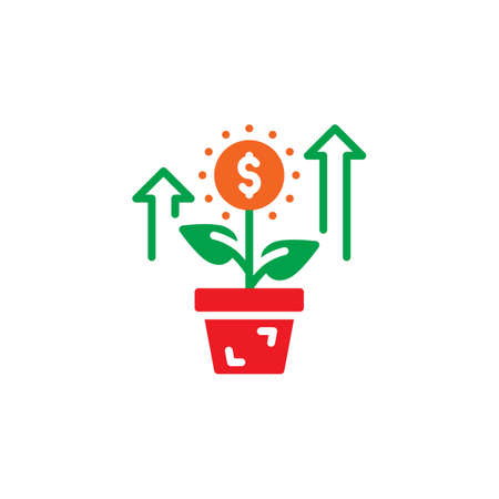 Growing plant, flower with dollar sign icon vector, filled flat sign, solid colorful pictogram isolated on white. Investment symbolのイラスト素材