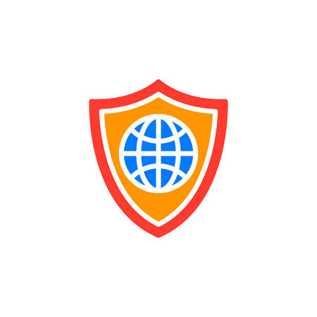 Shield with globe icon vector, filled flat sign, solid colorful pictogram isolated on white. Web protection symbol, logo illustrationのイラスト素材