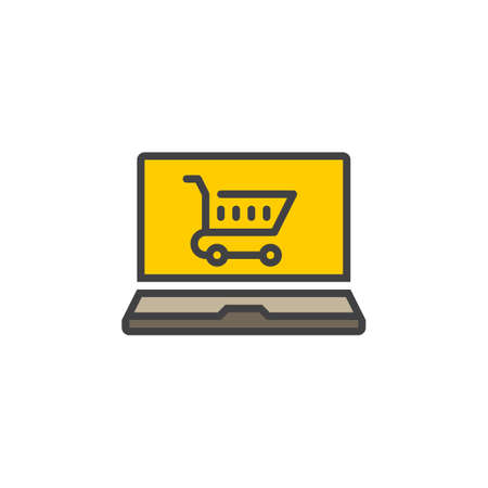online shop, laptop and shopping cart line icon, filled outline vector sign, linear colorful pictogram isolated on white. logo illustrationのイラスト素材