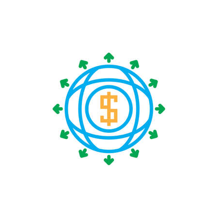 globe with dollar sign line icon, global economics outline vector logo, linear color pictogram isolated on white, pixel perfect illustrationのイラスト素材