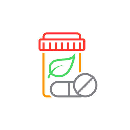 Herbal medicine symbol. Pill bottle with leaf line icon, outline vector logo illustration, linear colorful pictogram isolated on whiteのイラスト素材