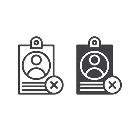 Personal badge with X mark line and solid icon, outline and filled vector sign, linear and full pictogram isolated on white. User id not verified symbol, illustrationのイラスト素材