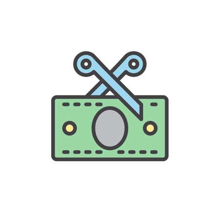 Tax, Scissors and money banknote filled outline icon, line vector sign, linear colorful pictogram. Symbol,  illustration. Pixel perfectのイラスト素材