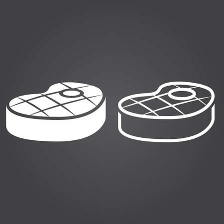 steak icon. Solid and Outline Versions. White icons on a dark backgroundのイラスト素材