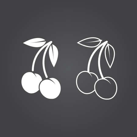 cherry icon. Solid and Outline Versions. White icons on a dark backgroundのイラスト素材