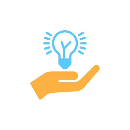 Hand holding idea bulb colorful icon, vector flat sign. Idea sharing symbol, logo illustrationのイラスト素材