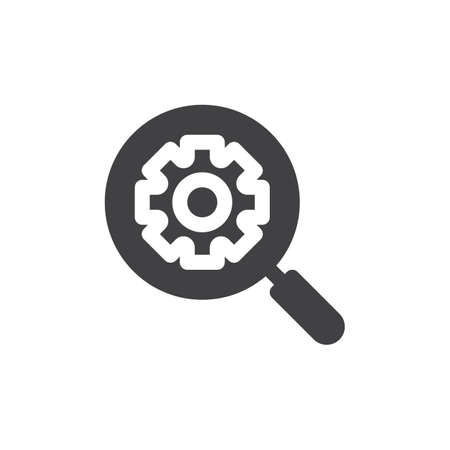 Search engine icon vector, filled flat sign, solid pictogram isolated on white. SEO, magnifying glass gear symbol, logo illustration. Pixel perfectのイラスト素材