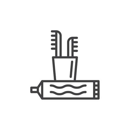 Toothbrush and toothpaste line icon, outline vector sign, linear style pictogram isolated on white. Teeth cleaning symbol, logo illustration editable stroke pixel perfect graphicsのイラスト素材