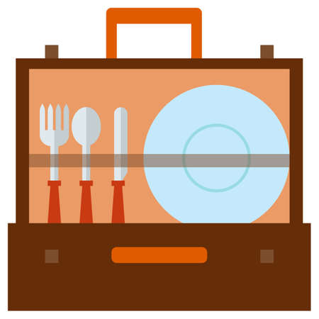 Portable picnic bag hamper flat icon, vector sign, colorful pictogram isolated on white. Picnic case with dishware and flatware symbol, logo illustration. Flat style designのイラスト素材