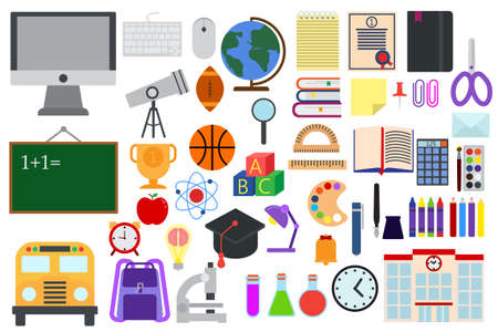 School elements education collection, flat icons set, Symbols pack contains - school supplies,...