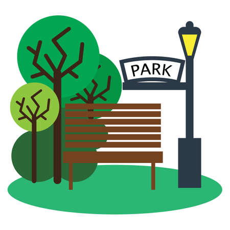 Park with bench and streetlight icon, vector illustration flat style design isolated on white. Colorful graphicsの写真素材