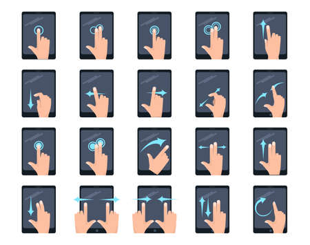 Multitouch screen hand gestures on tablet elements collection, flat icons set, Colorful symbols pack contains - tap scroll click flick rotate pinch zoom hold drag. Vector illustration. Flat style designのイラスト素材