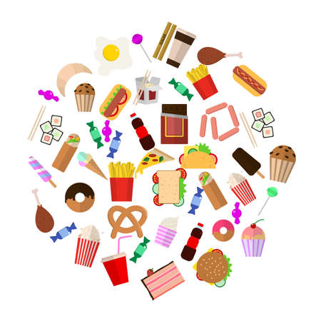 Fast food elements collection, flat icons set, Colorful symbols pack contains - Burger soda sweets sushi ice cream drinks donuts french fries. Vector illustration. Flat style designのイラスト素材