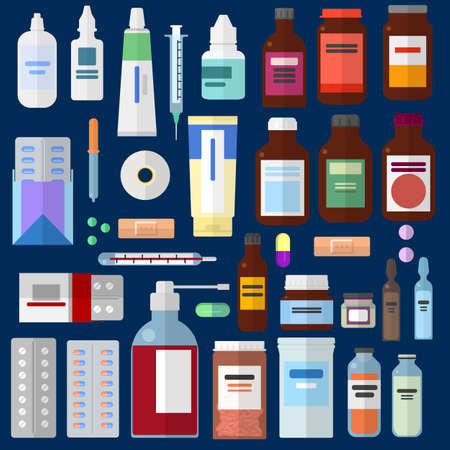 Pharmaceutical medicines elements collection, flat icons set, Colorful symbols pack contains - Medicine, pharmacy, hospital, drugs, syringe, pills, thermometer. Vector illustration. Flat style designのイラスト素材