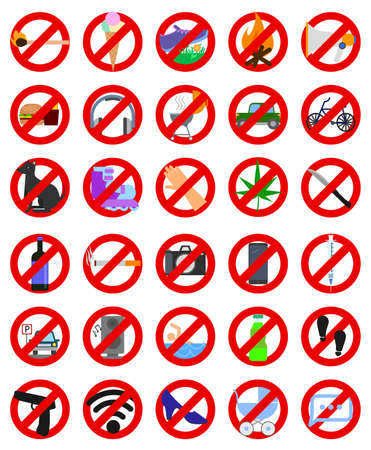 Prohibition signs elements collection, flat icons set, Colorful symbols pack contains. Vector illustration. Flat style designのイラスト素材
