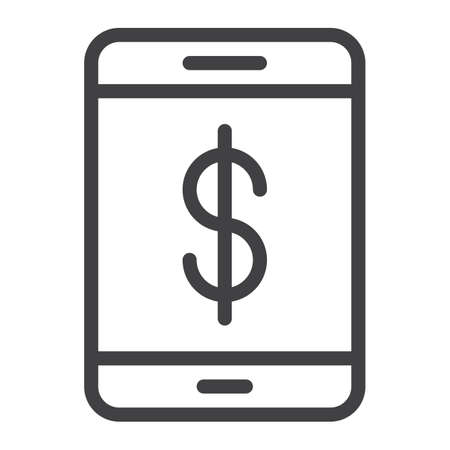 Smartphone with dollar line icon, outline vector sign, linear style pictogram isolated on white. Symbol, logo illustration. Editable strokeのイラスト素材