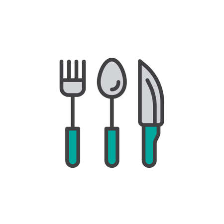 Cutlery, fork spoon, and knife filled outline icon,  linear colorful pictogram isolated on white.のイラスト素材