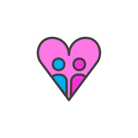 Lovers in a heart filled outline icon, line sign, linear colorful pictogram isolated on white. Valentine's day symbol, illustration. Pixel perfect graphicsのイラスト素材