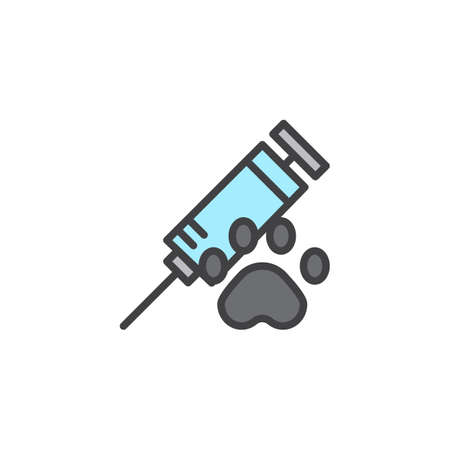 Syringe with injection for an animal filled outline icon, line vector sign, linear colorful pictogram isolated on white. Pet Vaccines Symbol, illustration. Pixel perfect vector graphicsのイラスト素材