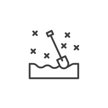 Snow shovel and snowflakes line icon, outline vector sign, linear style pictogram isolated on white. Symbol, logo illustration. Editable strokeのイラスト素材