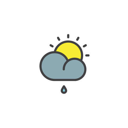 Cloud with sun and raindrop filled outline icon, line vector sign, linear colorful pictogram isolated on white. Morning rain weather symbol, logo illustration. Pixel perfect vector graphicsのイラスト素材