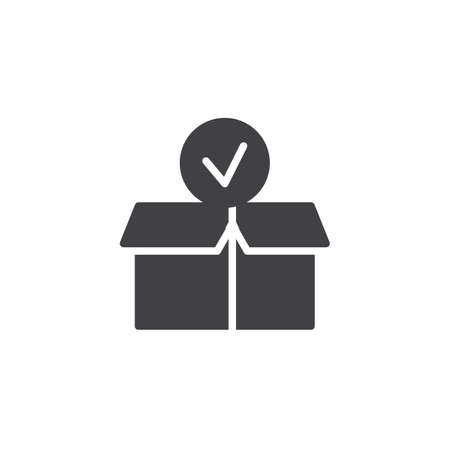 Package paper box with check mark icon vector, filled flat sign, solid pictogram isolated on white. Checked delivery box symbol, logo illustration.のイラスト素材