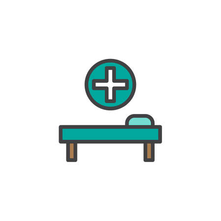 Hospital bed and the medical cross filled outline icon, line vector sign, linear colorful pictogram isolated on white. Symbol, logo illustration. Pixel perfect vector graphicsのイラスト素材