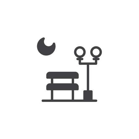 Moon, lantern and bench in a park at night icon vector, filled flat sign, solid pictogram isolated on white. Symbol, logo illustrationのイラスト素材