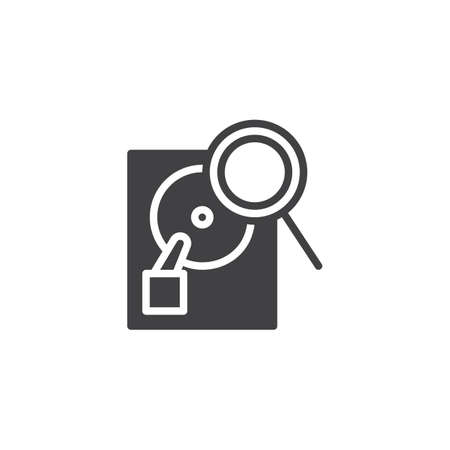 Data search icon vector, filled flat sign, solid pictogram isolated on white. Hard drive disk and magnifying glass symbol, logo illustration.のイラスト素材