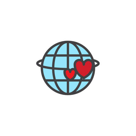 Planet and two red hearts filled outline icon, line vector sign, linear colorful pictogram isolated on white. Valentines day symbol, logo illustration. Pixel perfect vector graphicsのイラスト素材