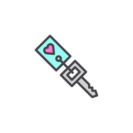 Key with heart tag filled outline icon, line vector sign, linear colorful pictogram isolated on white. Love symbol, icon illustration. Pixel perfect vector graphics.のイラスト素材