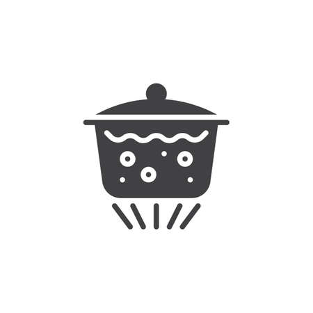 Boiling water in pan icon vector, filled flat sign, solid pictogram isolated on white. Saucepan with lid and boiling water on gas burner symbol, icon illustration.のイラスト素材