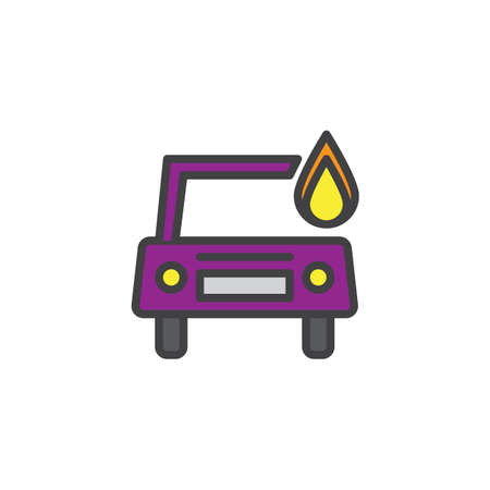 Burning car filled outline icon, line vector sign, linear colorful pictogram isolated on white. Automobile in flame symbol, illustration. Pixel perfect vector graphicsのイラスト素材
