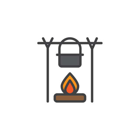 Campfire and kettle filled outline icon, line vector sign, linear colorful pictogram isolated on white. Pot over the campfire symbol, icon illustration. Pixel perfect vector graphics.のイラスト素材