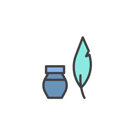 Feather ink bottle filled outline icon, line vector sign, linear colorful pictogram isolated on white. Writing symbol,  illustration. Pixel perfect vector graphicsのイラスト素材