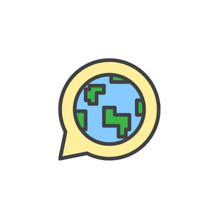 Globe in speech bubble filled outline icon, line vector sign, linear colorful pictogram isolated on white. Language symbol, illustration. Pixel perfect vector graphicsのイラスト素材