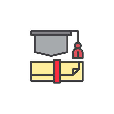 Graduation hat and diploma filled outline icon, line vector sign, linear colorful pictogram isolated on white. Education symbol, logo illustration.のイラスト素材